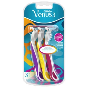 Three Gillette Venus Simply 3 disposable razors for women provide a comfortable, smooth shave with less irritation, fewer nicks and cuts, and easy maneuvering around knees and ankles.