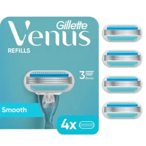Four Gillette Venus Smooth women's razor blade refills with three built-in blades for a quick, soft shave, featuring a blue indicator strip and protective elastomer comfort cushions.