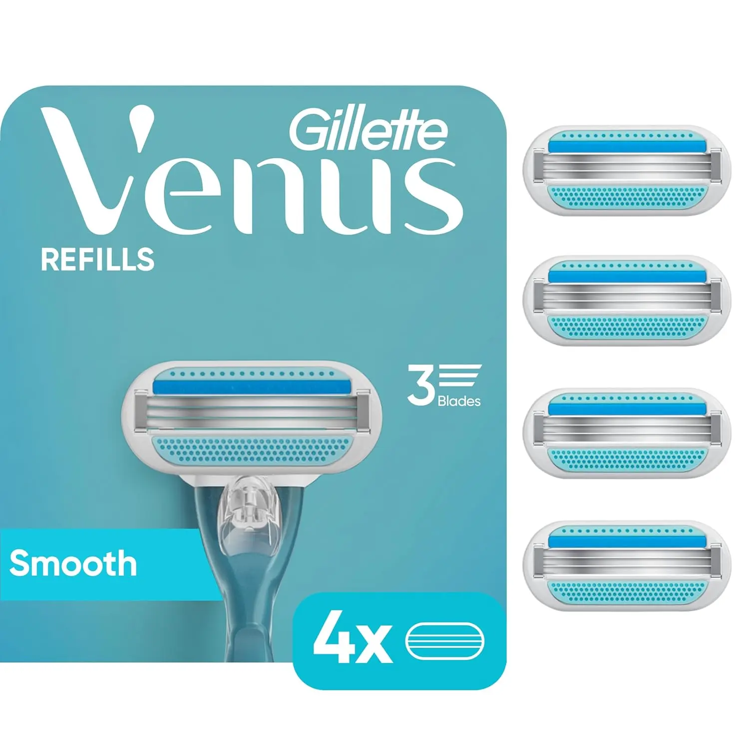 Four Gillette Venus Smooth women's razor blade refills with three built-in blades for a quick, soft shave, featuring a blue indicator strip and protective elastomer comfort cushions.