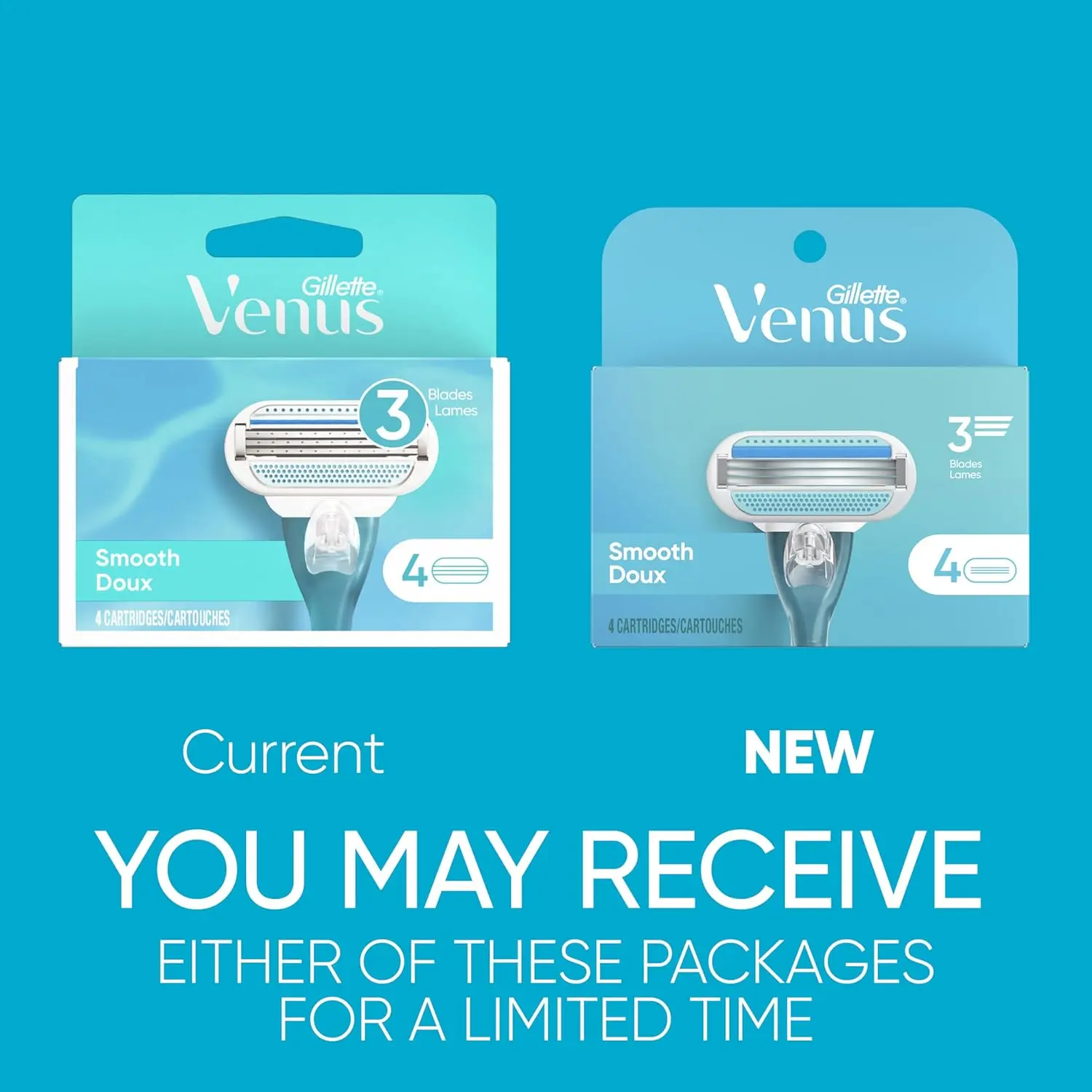 Four Gillette Venus Smooth women's razor blade refills with three built-in blades for a quick, soft shave, featuring a blue indicator strip and protective elastomer comfort cushions.