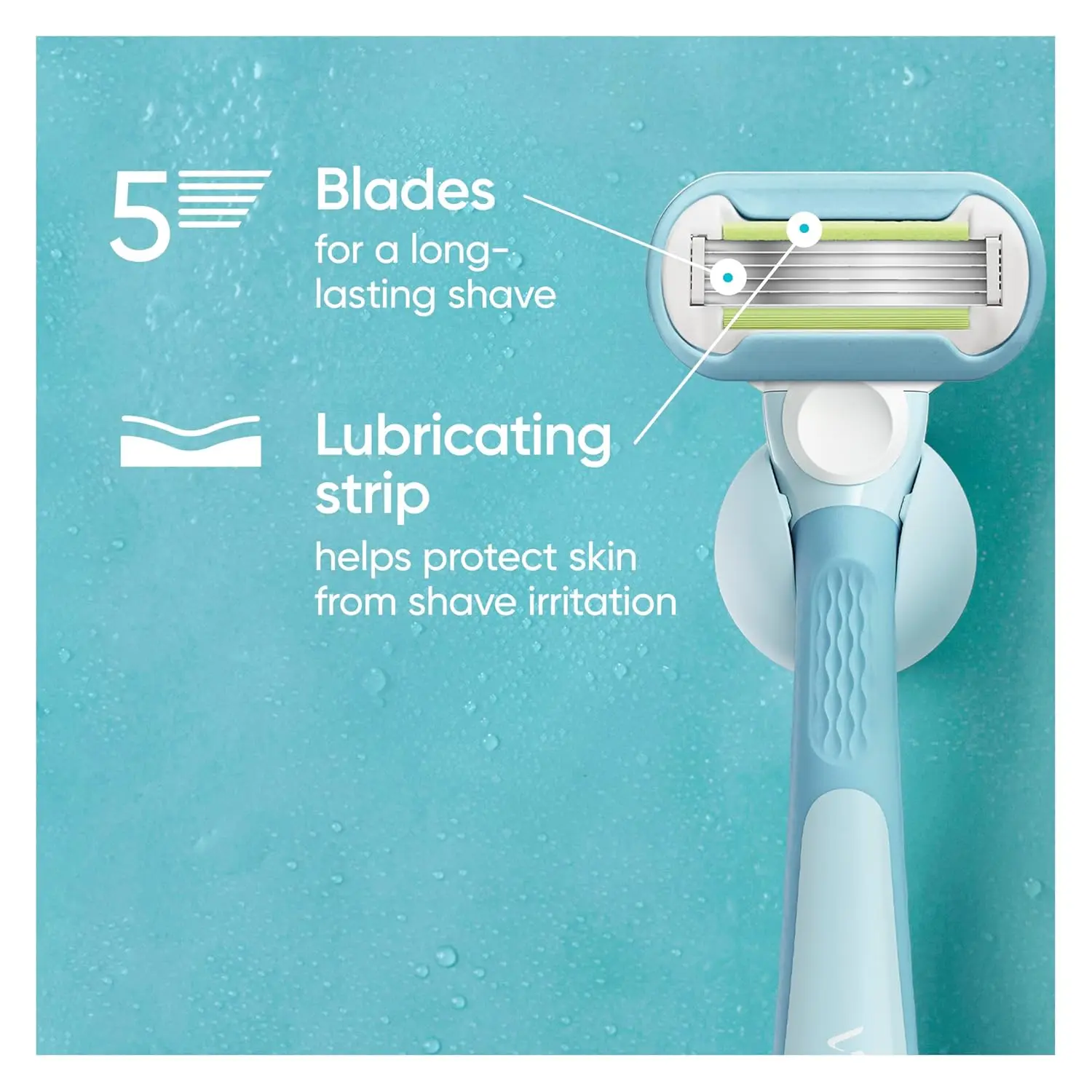 Four Gillette Venus Smooth women's razor blade refills with three built-in blades for a quick, soft shave, featuring a blue indicator strip and protective elastomer comfort cushions.