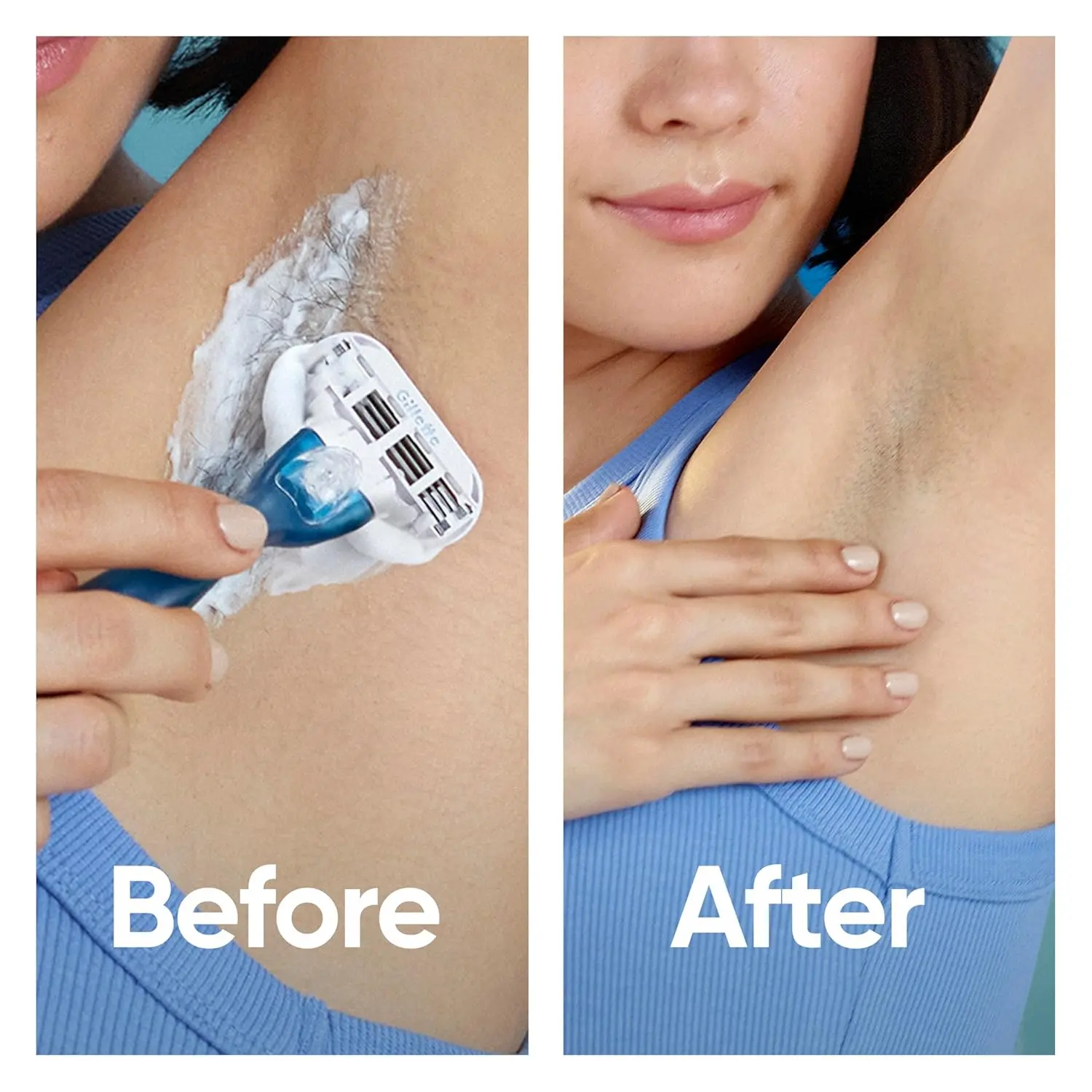 Four Gillette Venus Smooth women's razor blade refills with three built-in blades for a quick, soft shave, featuring a blue indicator strip and protective elastomer comfort cushions.