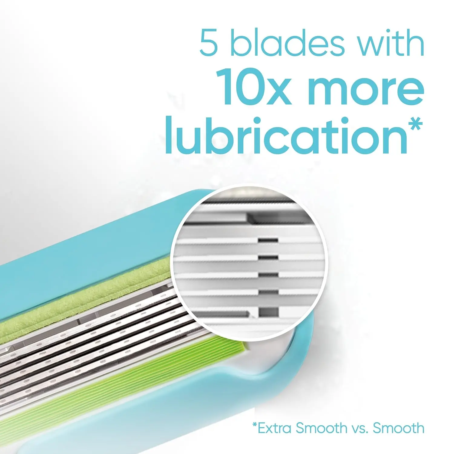 Four Gillette Venus Smooth women's razor blade refills with three built-in blades for a quick, soft shave, featuring a blue indicator strip and protective elastomer comfort cushions.