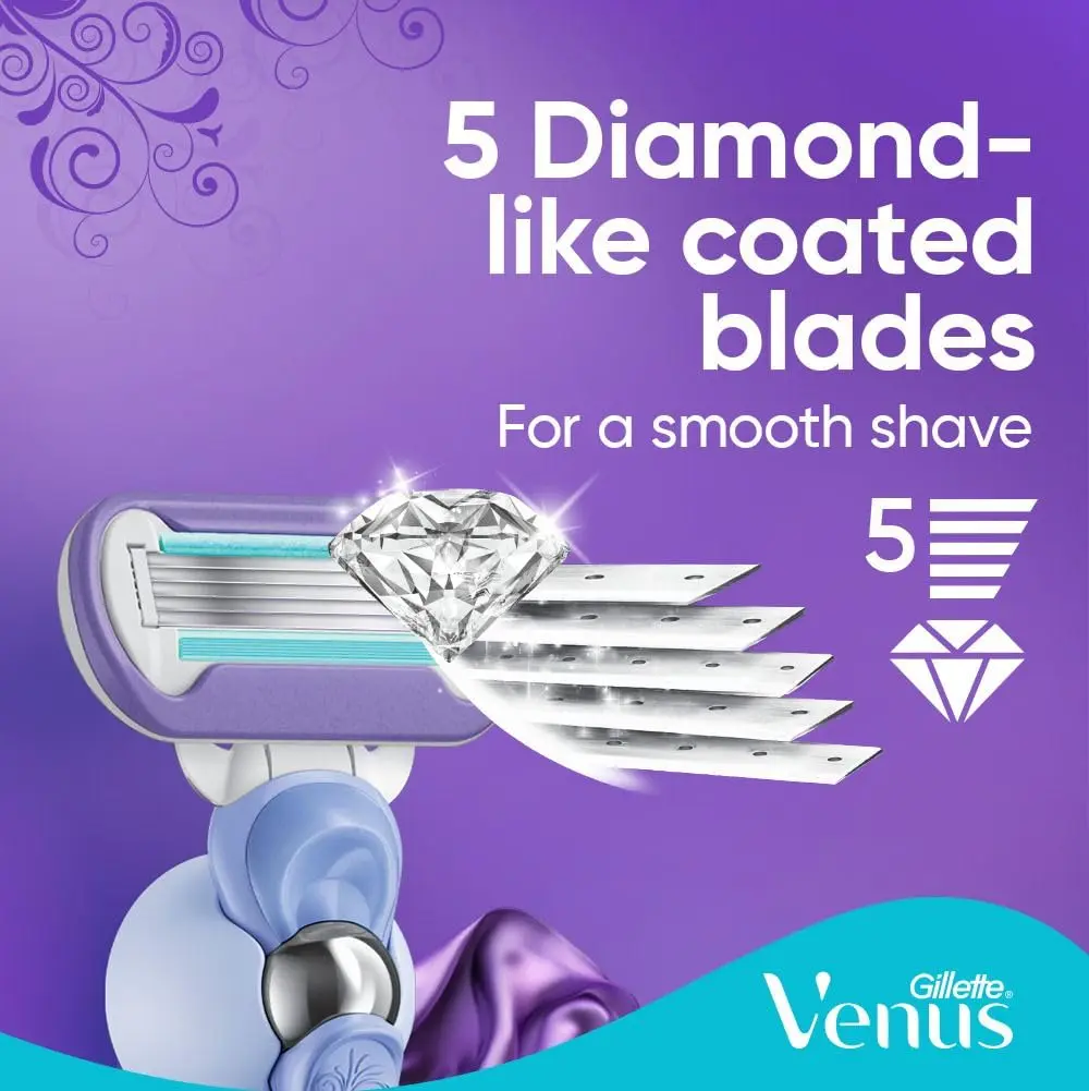 The Gillette Venus Swirl women's razor with FlexiBall technology and five blades provides a flawless, smooth shave with incredible glide, thanks to its water-activated MoistureGlide serum.