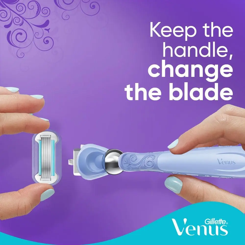 The Gillette Venus Swirl women's razor with FlexiBall technology and five blades provides a flawless, smooth shave with incredible glide, thanks to its water-activated MoistureGlide serum.