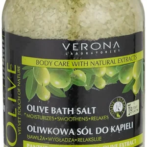 A jar of Verona Olive Bath Salt in green color, containing 600 gm of product.