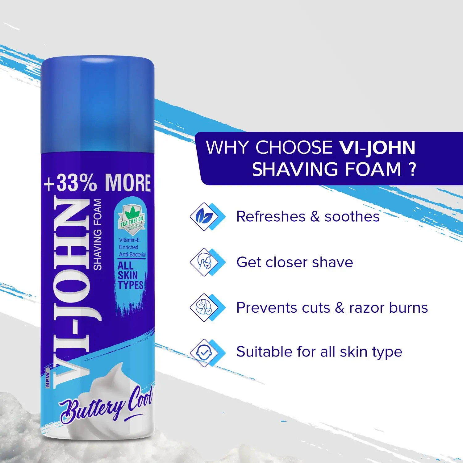 VI-JOHN shaving foam creates a luxurious lather for a smooth shave, enriched with tea tree oil and vitamin E to protect and nourish all skin types.