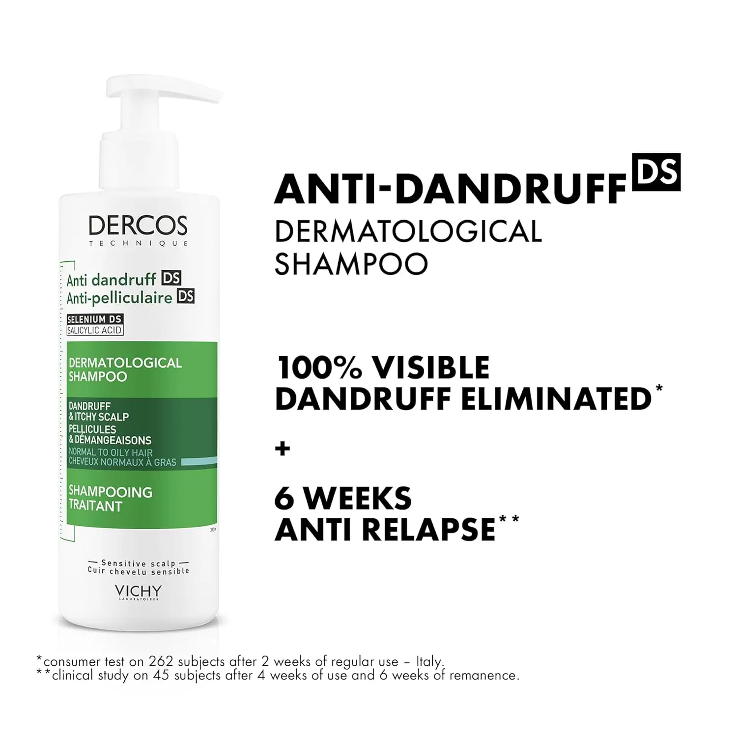 Vichy Dercos anti-dandruff shampoo for oily hair, eliminating visible flakes, intensely soothing itch, and preventing recurrence.