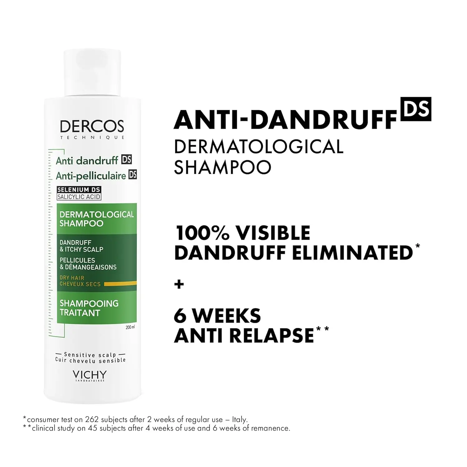Bottle of Vichy Dercos Anti Dandruff Shampoo for Dry Hair, formulated to rebalance the scalp, eliminate dandruff, soothe itching and prevent recurrence.