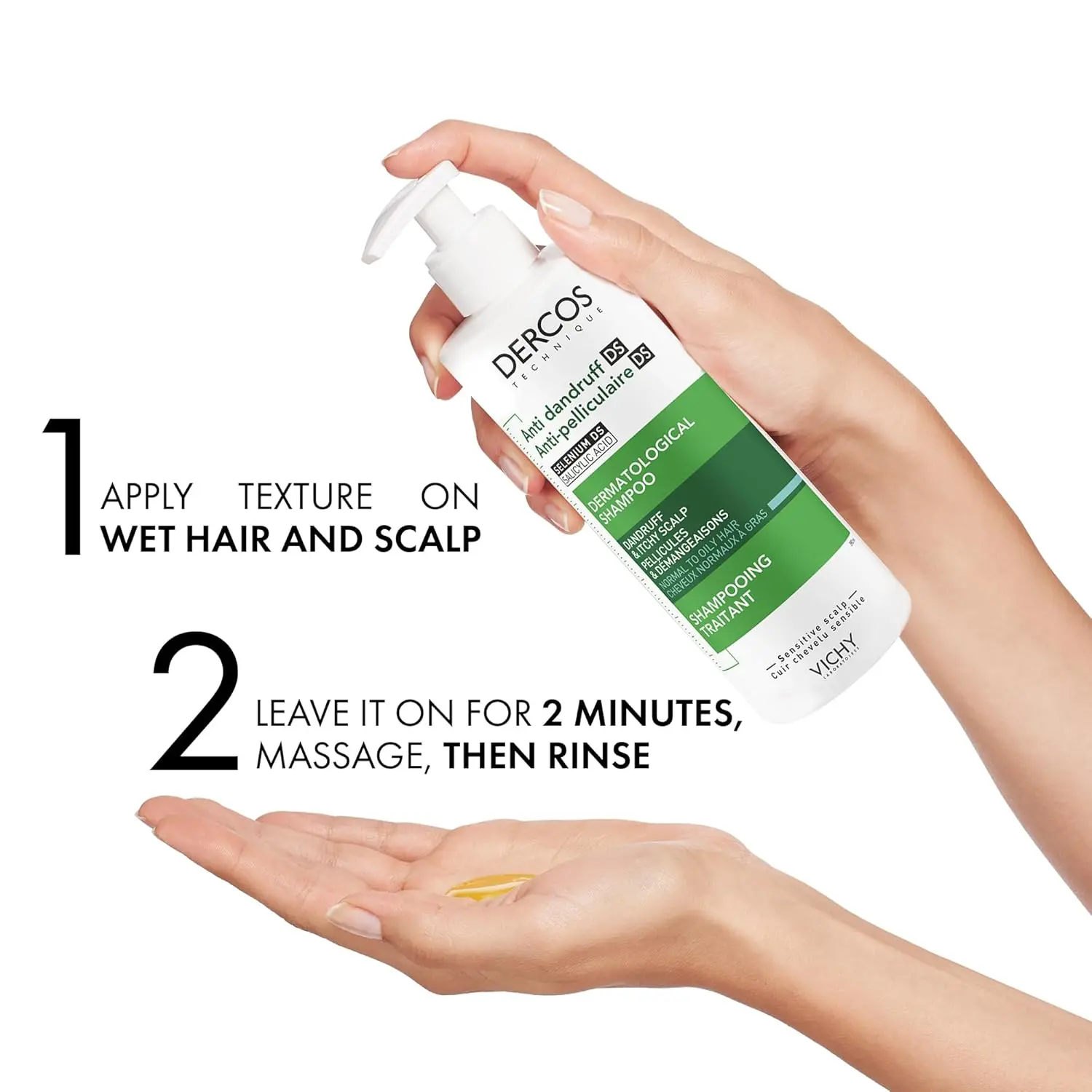 Vichy Dercos anti-dandruff shampoo for oily hair, eliminating visible flakes, intensely soothing itch, and preventing recurrence.