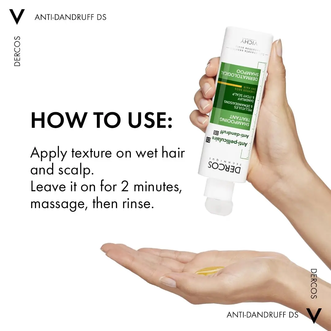 Bottle of Vichy Dercos Anti Dandruff Shampoo for Dry Hair, formulated to rebalance the scalp, eliminate dandruff, soothe itching and prevent recurrence.
