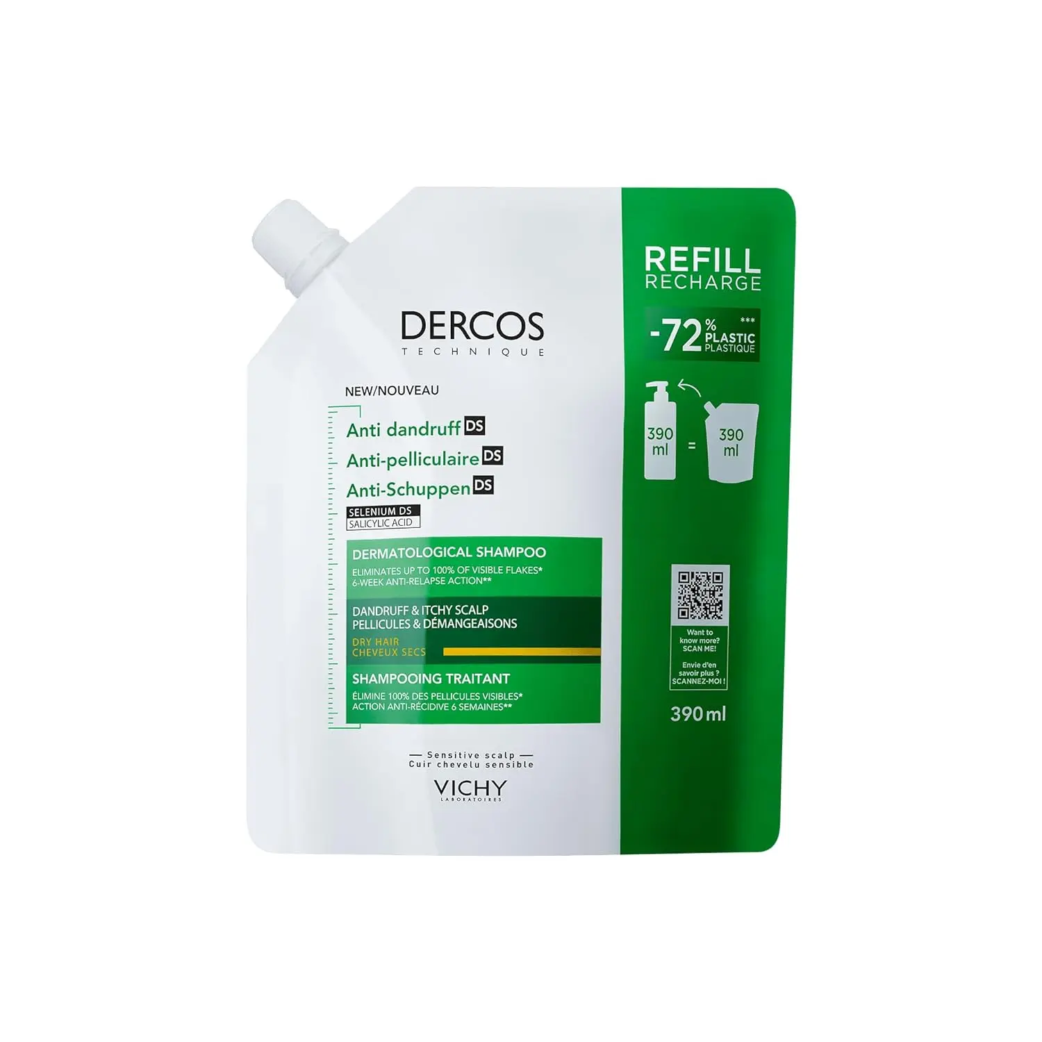 Bottle of Vichy Dercos Anti Dandruff Shampoo for Dry Hair, formulated to rebalance the scalp, eliminate dandruff, soothe itching and prevent recurrence.