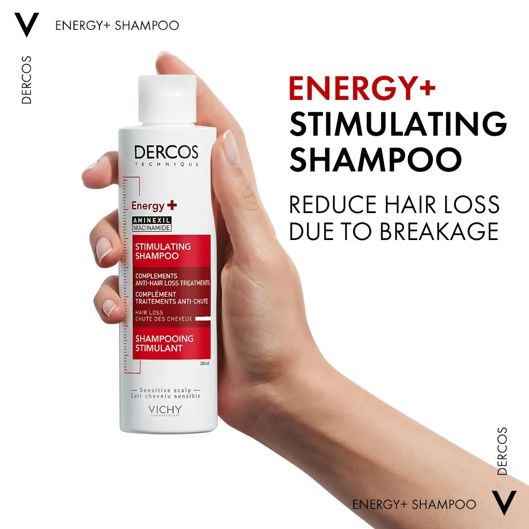 Vichy Dercos Energy + shampoo with Aminexil and Vitamin C strengthens and revitalizes hair, clinically reducing hair loss in 6 weeks.