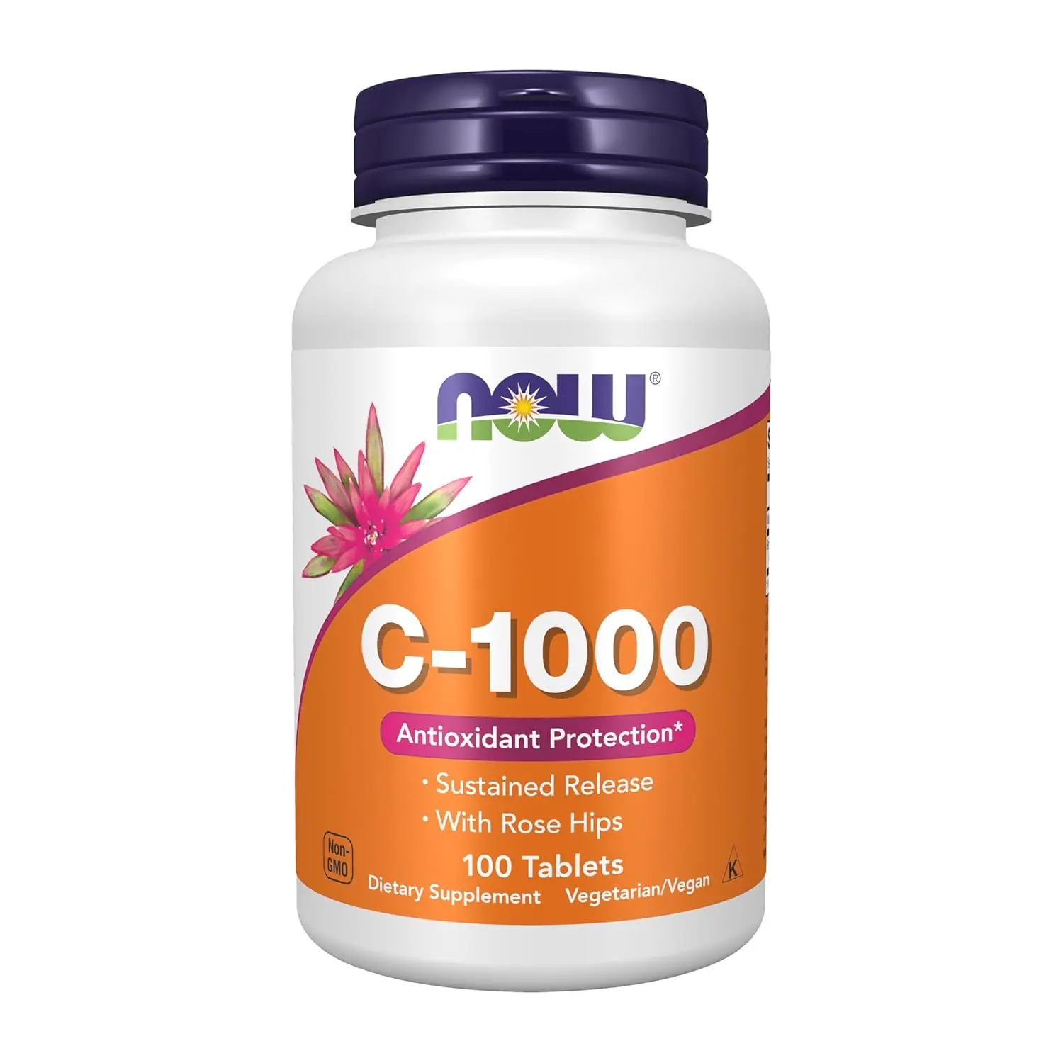 NOW Vitamin C 1000 sustained release tablets with rose hips for immune support and antioxidant benefits.