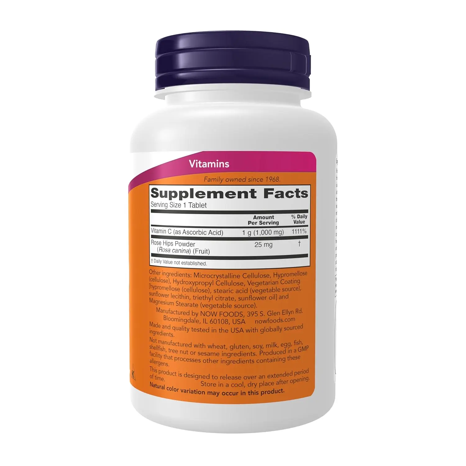 NOW Vitamin C 1000 sustained release tablets with rose hips for immune support and antioxidant benefits.