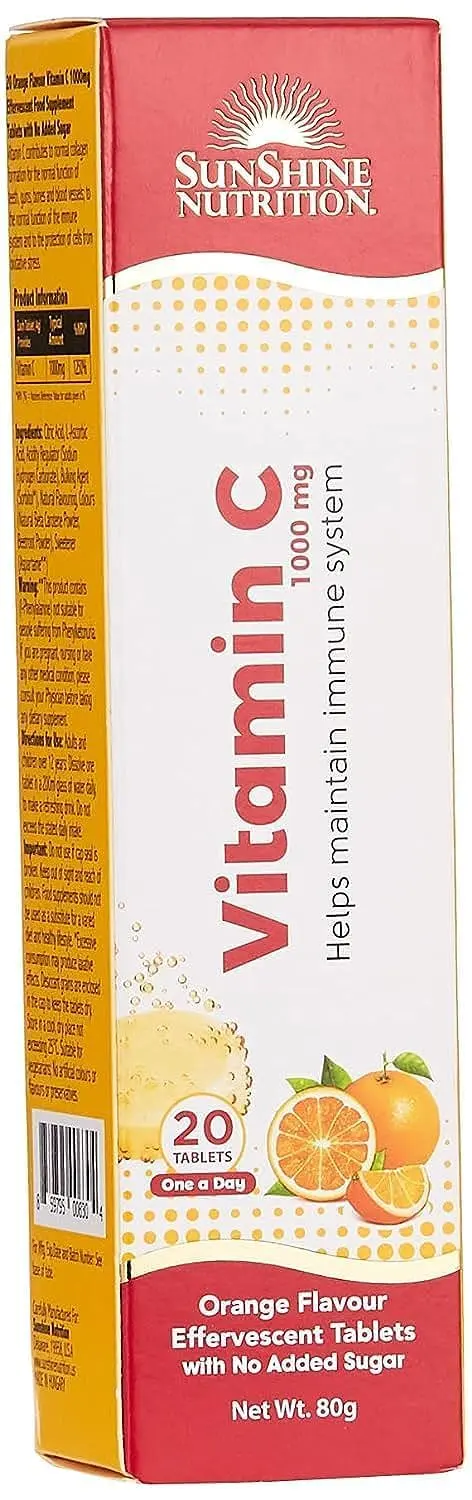 Sunshine Nutrition Vitamin C orange flavored effervescent tablets support immune system function and contribute to normal collagen formation for healthy teeth, gums, bones, and blood vessels.