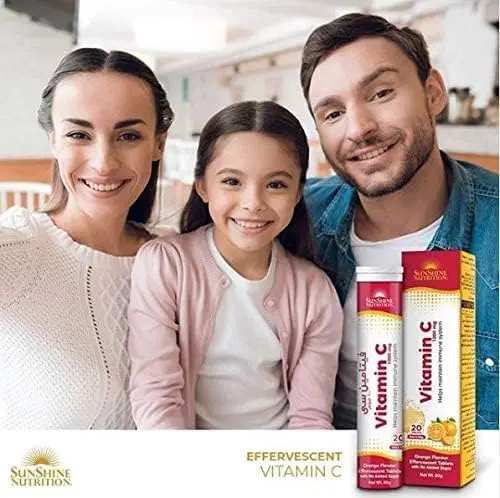 Sunshine Nutrition Vitamin C orange flavored effervescent tablets support immune system function and contribute to normal collagen formation for healthy teeth, gums, bones, and blood vessels.