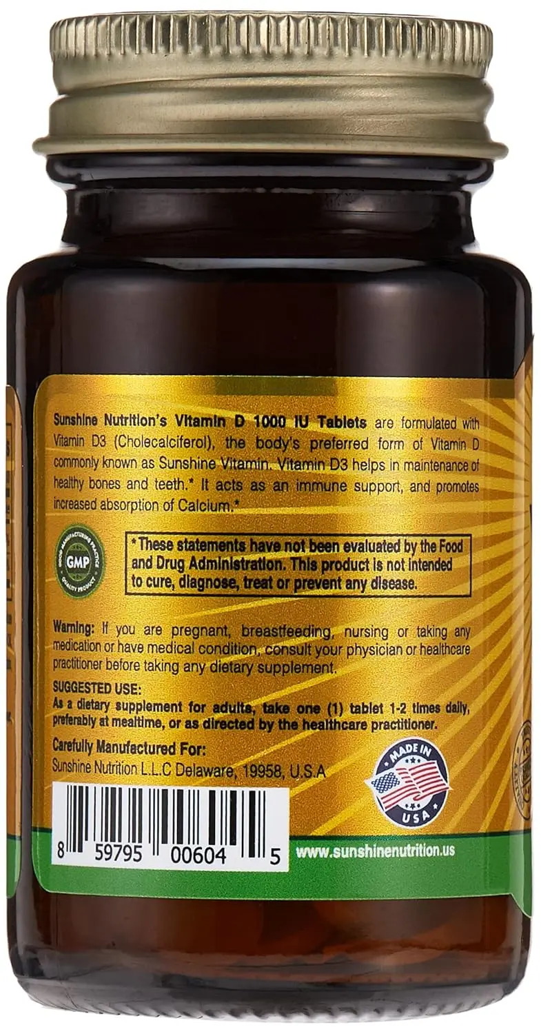 Sunshine Nutrition Vitamin D 1000 IU tablets support strong bones, teeth and overall well-being by providing the biologically active form of vitamin D without sun exposure, promoting calcium absorption and a healthy mood.
