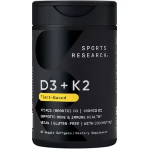 Sports Research Vitamin K2 and D3 softgels with organic coconut oil offer vegan support for heart, bones, and teeth health.