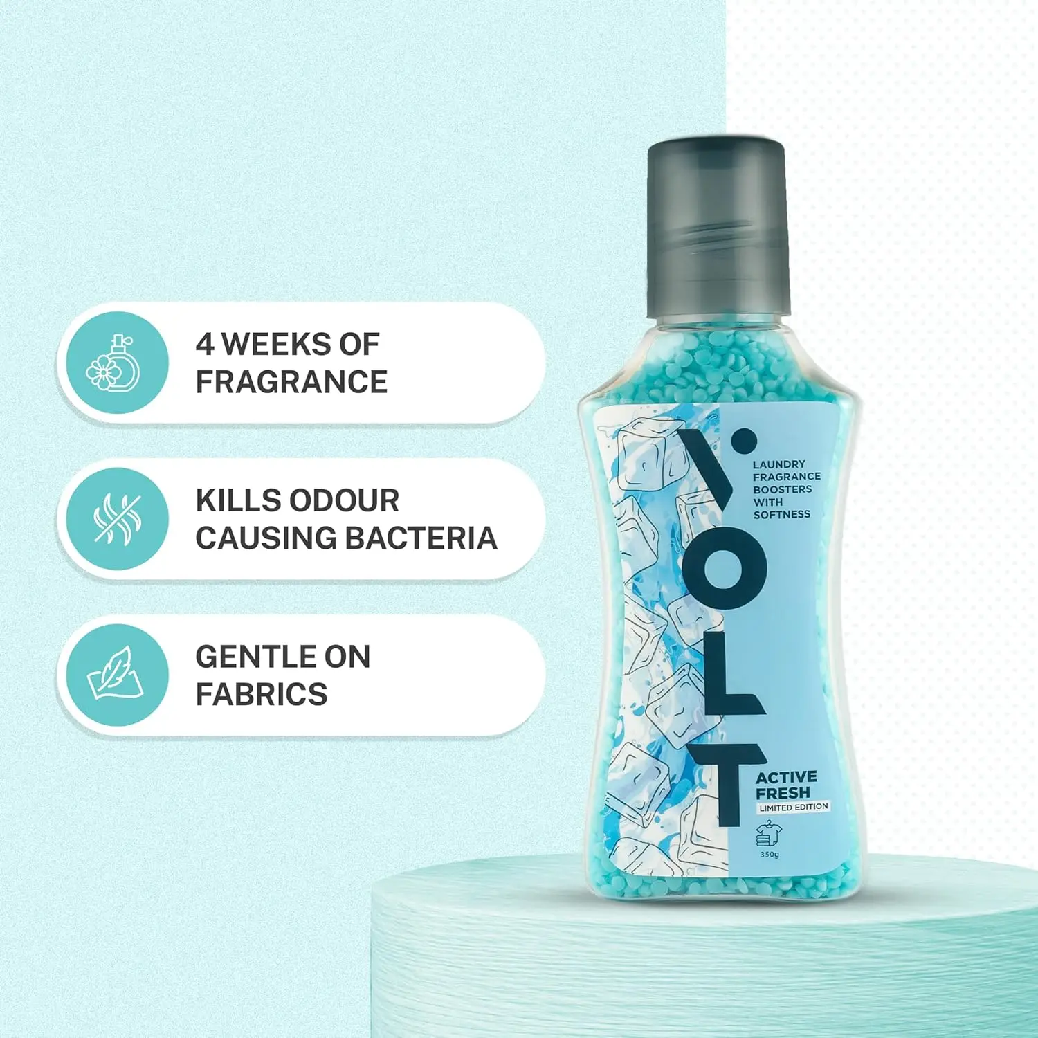 A bottle of Volt Active Fresh laundry scent booster beads promises fresh, soft, and delightful-smelling clothes with its eco-friendly formula.