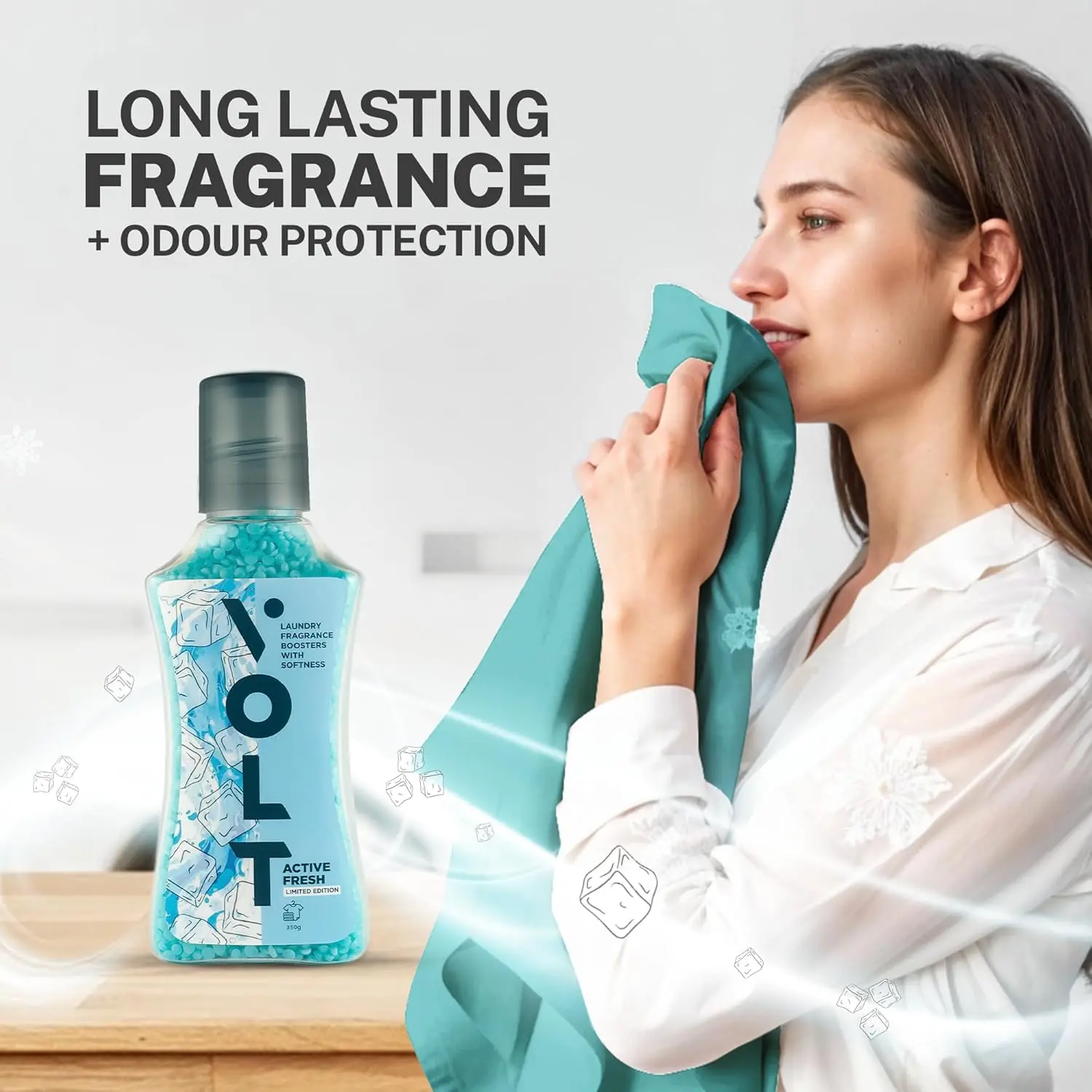 A bottle of Volt Active Fresh laundry scent booster beads promises fresh, soft, and delightful-smelling clothes with its eco-friendly formula.