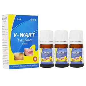 Three bottles of VWART wart and corn remover liquid with wooden applicator for effective and painless treatment of common and plantar warts.