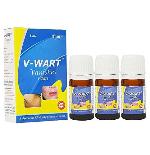 Three bottles of VWART wart and corn remover liquid with wooden applicator for effective and painless treatment of common and plantar warts.