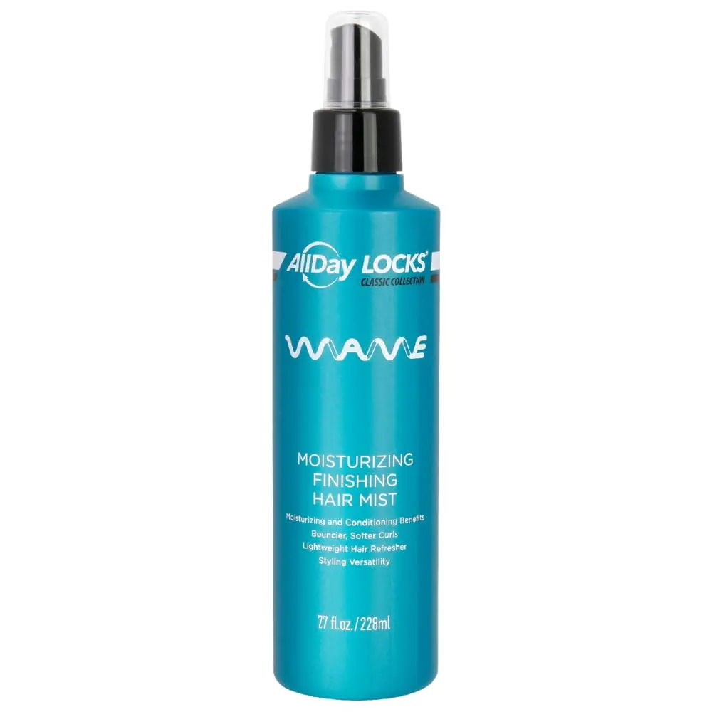 AllDay Locks finishing wave mist restores shine and moisture, leaving hair soft and bouncy with a lightweight formula perfect for enhancing natural waves.