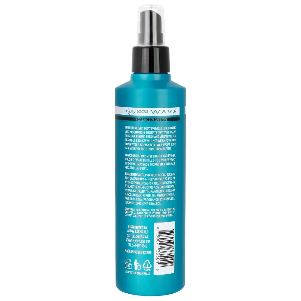 AllDay Locks finishing wave mist restores shine and moisture, leaving hair soft and bouncy with a lightweight formula perfect for enhancing natural waves.