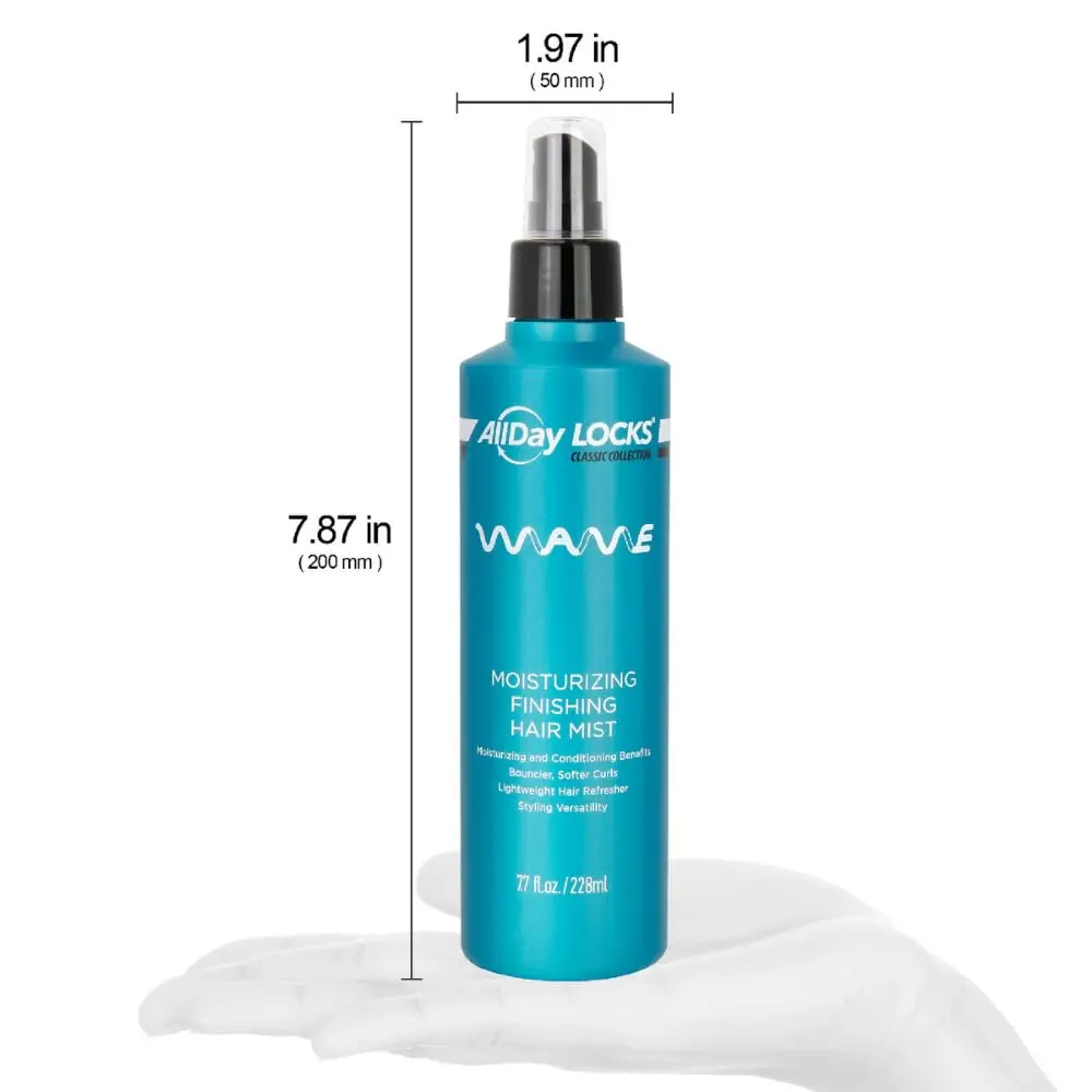 AllDay Locks finishing wave mist restores shine and moisture, leaving hair soft and bouncy with a lightweight formula perfect for enhancing natural waves.