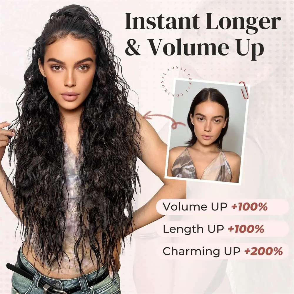 This 31-inch black wavy ponytail extension instantly adds volume and length with its soft, natural-looking mermaid waves.