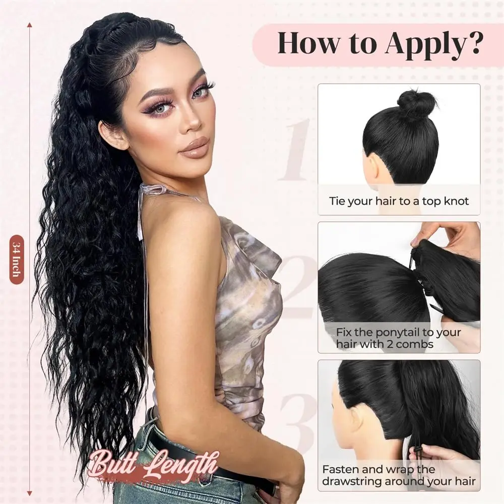 This 31-inch black wavy ponytail extension instantly adds volume and length with its soft, natural-looking mermaid waves.