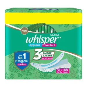 Whisper Ultra Clean XL Plus sanitary pads provide nearly 40% longer coverage and odor lock gel for hygienic protection during heavy flow days.