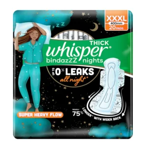 Whisper Ultra Nights XXXL sanitary pads offer nearly 75% longer and wider back coverage with 5X absorbency for heavy overnight flow and protection against back leakage.