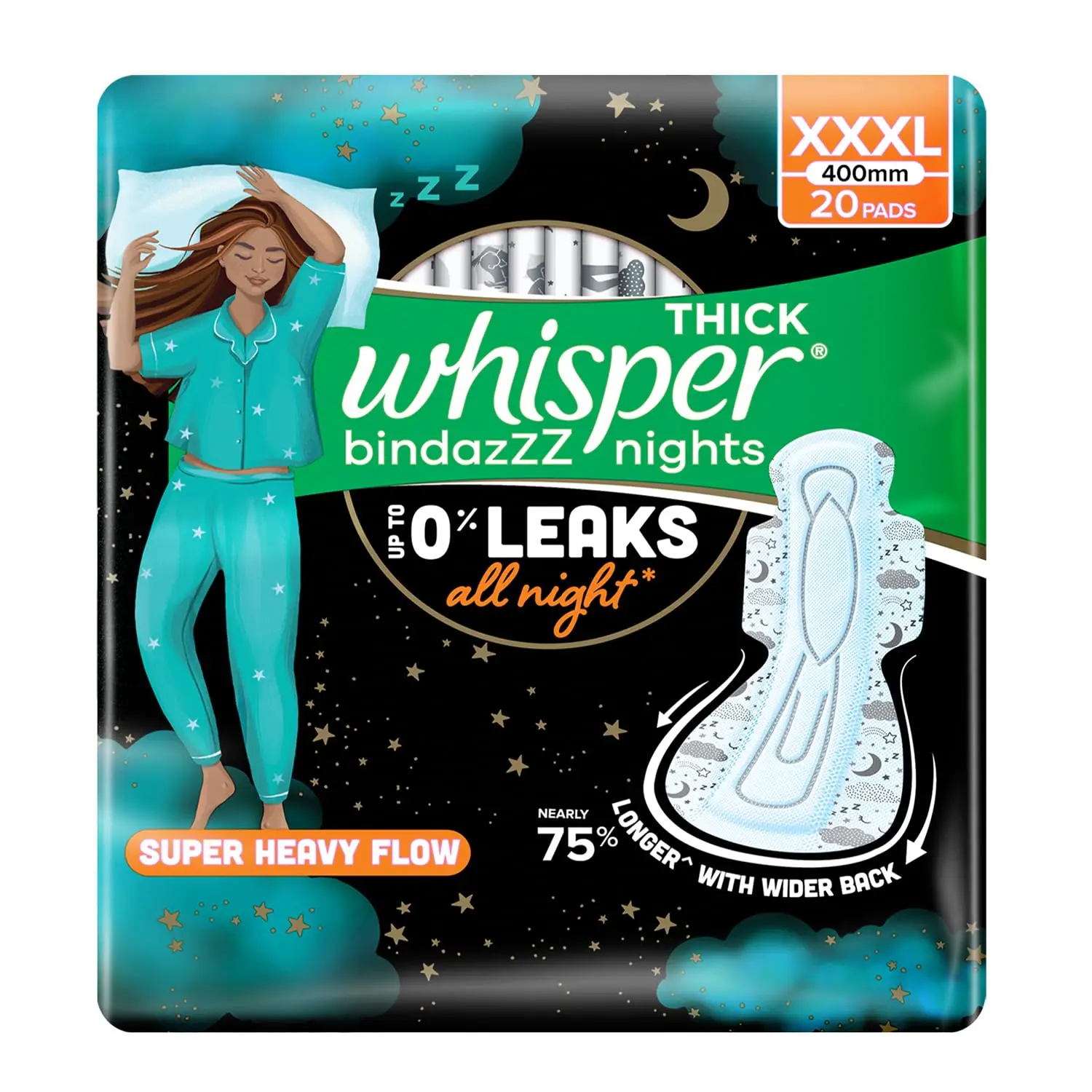 Whisper Ultra Nights XXXL sanitary pads offer nearly 75% longer and wider back coverage with 5X absorbency for heavy overnight flow and protection against back leakage.