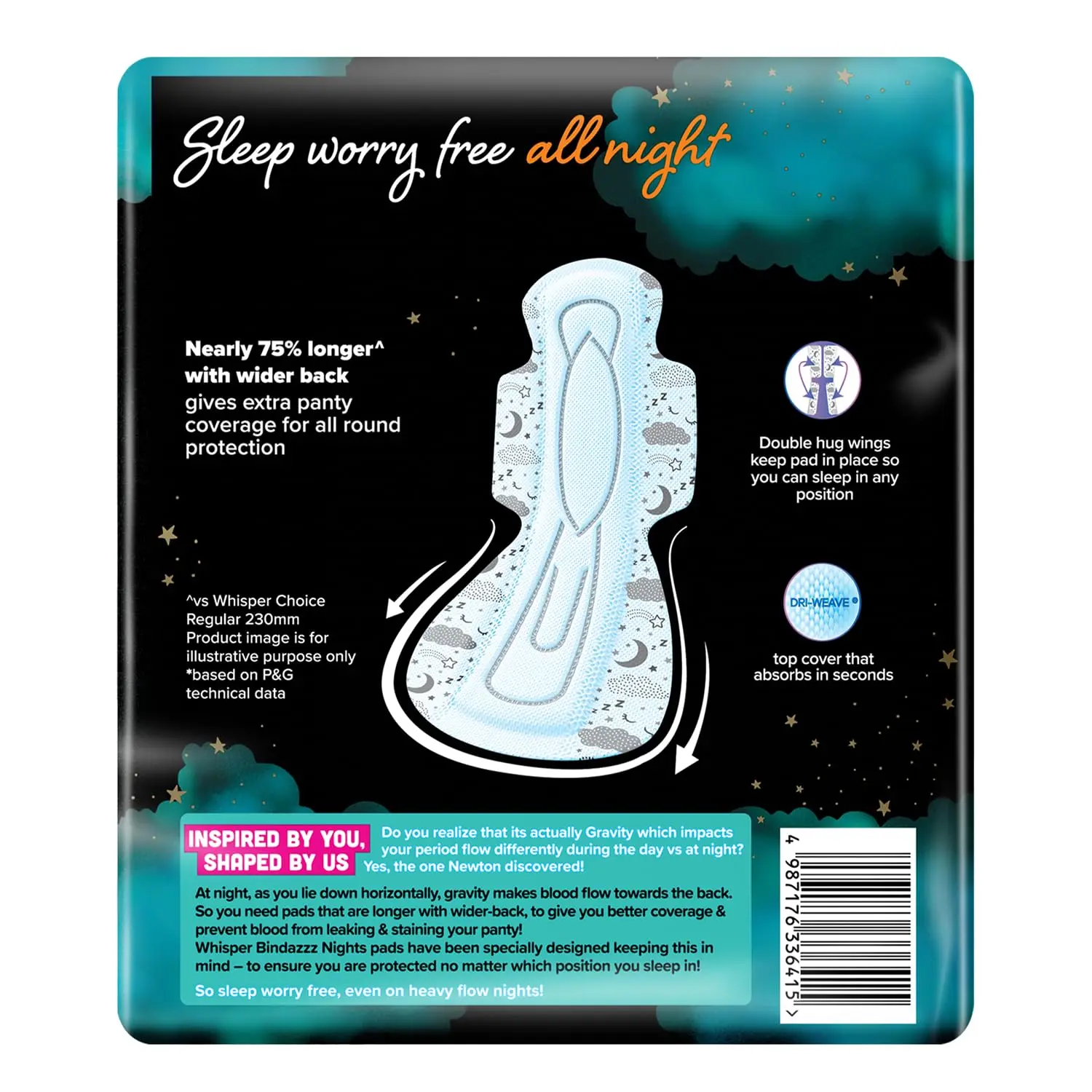 Whisper Ultra Nights XXXL sanitary pads offer nearly 75% longer and wider back coverage with 5X absorbency for heavy overnight flow and protection against back leakage.
