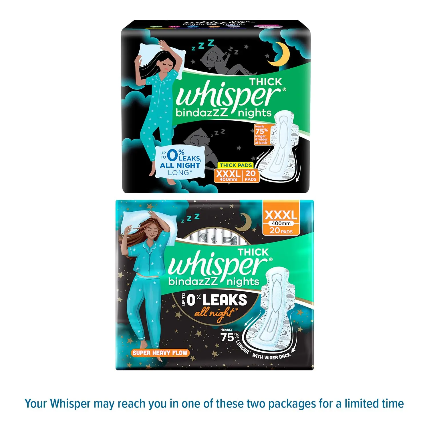 Whisper Ultra Nights XXXL sanitary pads offer nearly 75% longer and wider back coverage with 5X absorbency for heavy overnight flow and protection against back leakage.