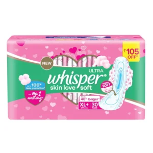This image shows a pack of Whisper Ultra Soft XL Plus sanitary pads, offering gentle care and up to 100% leak protection with a soft top sheet.