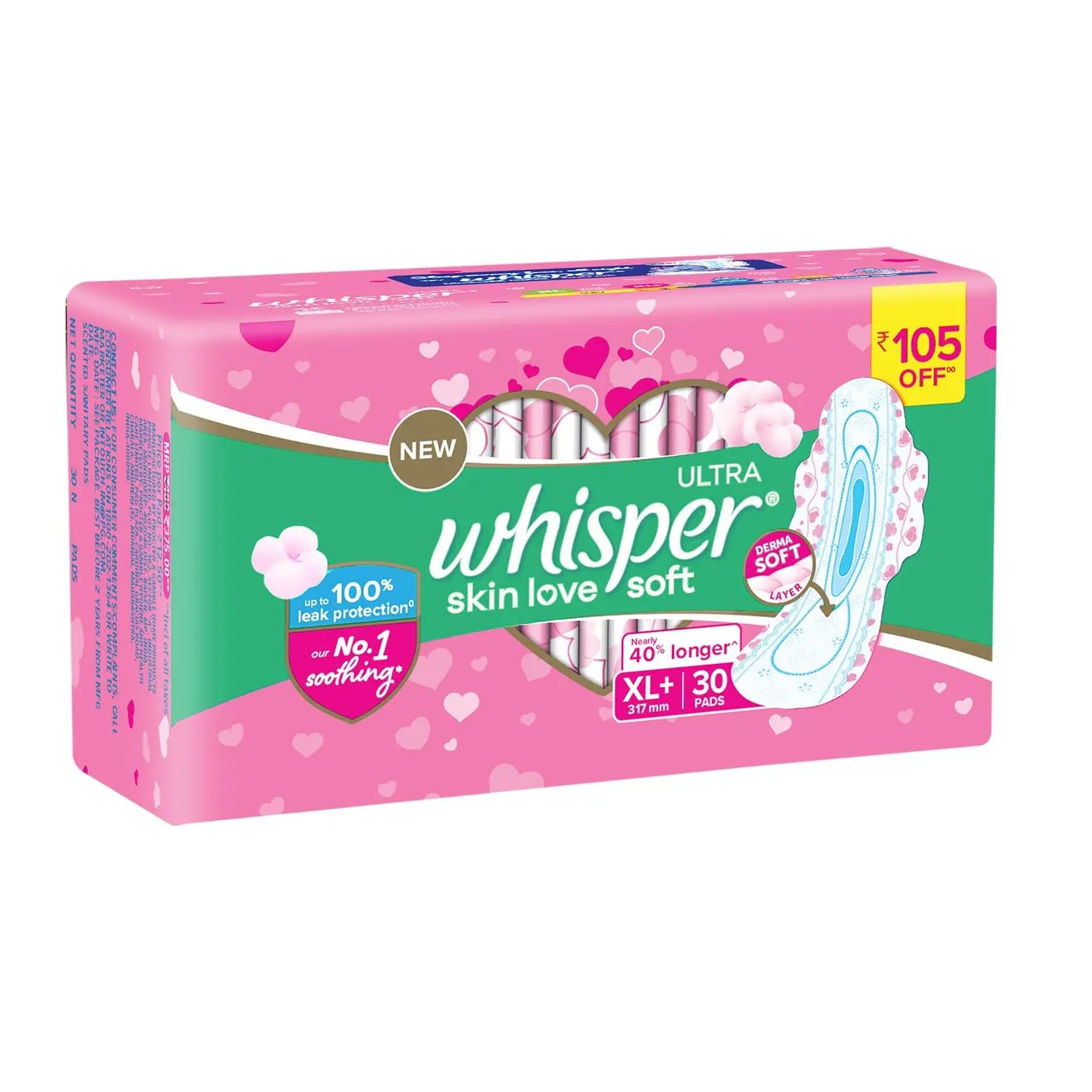 This image shows a pack of Whisper Ultra Soft XL Plus sanitary pads, offering gentle care and up to 100% leak protection with a soft top sheet.