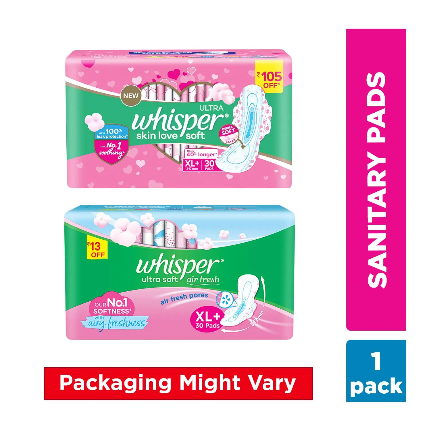 This image shows a pack of Whisper Ultra Soft XL Plus sanitary pads, offering gentle care and up to 100% leak protection with a soft top sheet.