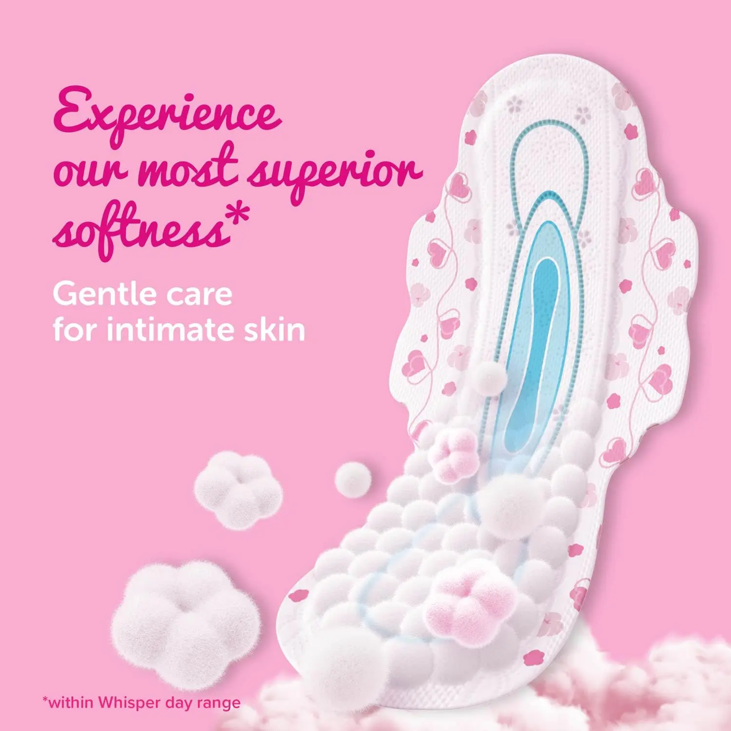 This image shows a pack of Whisper Ultra Soft XL Plus sanitary pads, offering gentle care and up to 100% leak protection with a soft top sheet.