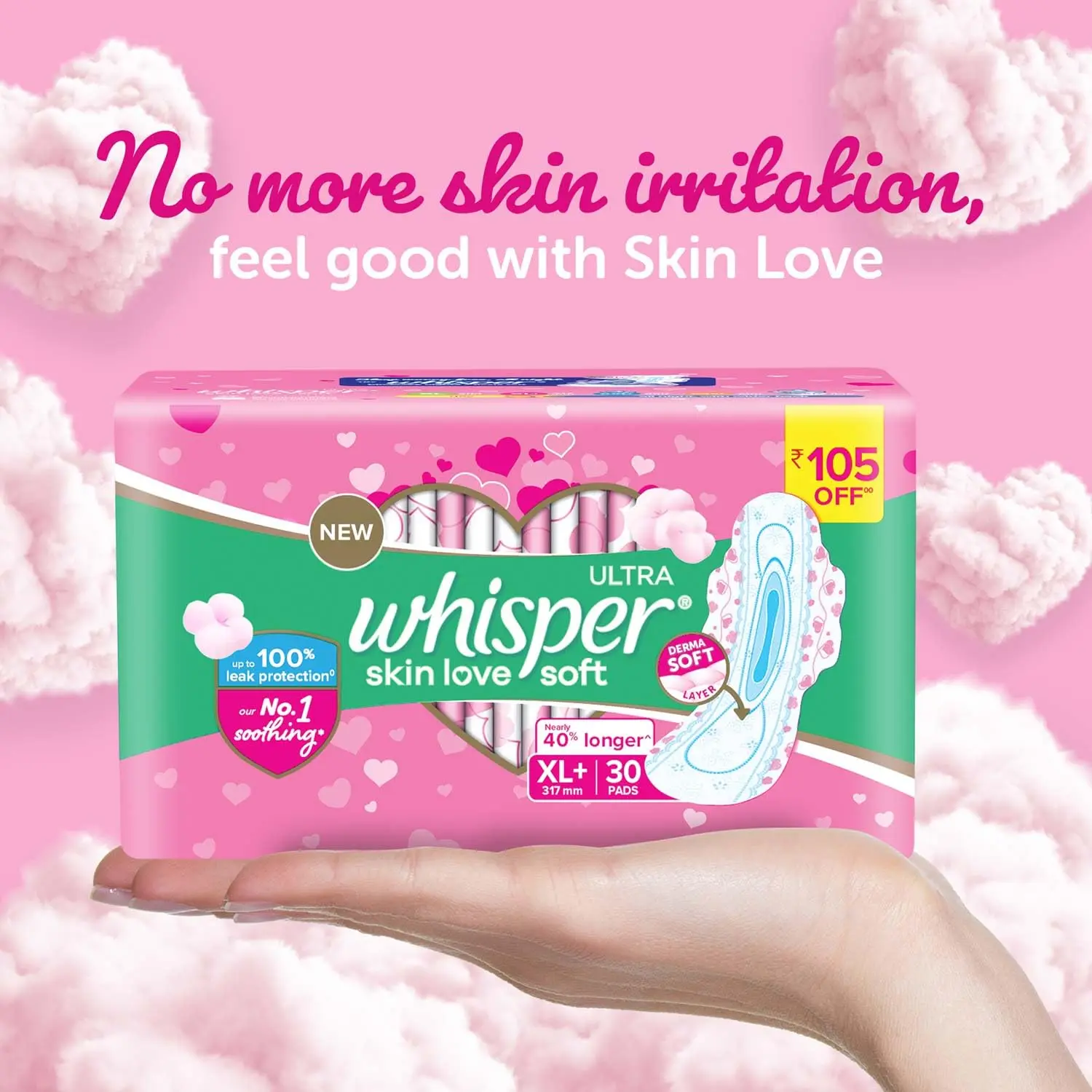 This image shows a pack of Whisper Ultra Soft XL Plus sanitary pads, offering gentle care and up to 100% leak protection with a soft top sheet.