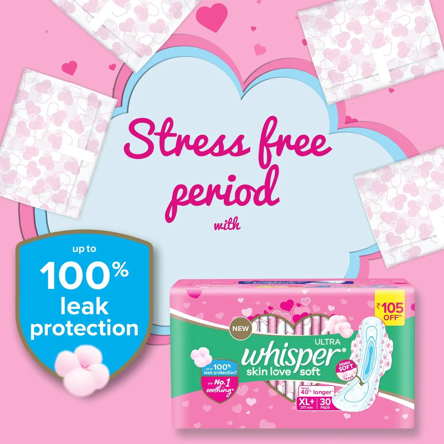 This image shows a pack of Whisper Ultra Soft XL Plus sanitary pads, offering gentle care and up to 100% leak protection with a soft top sheet.
