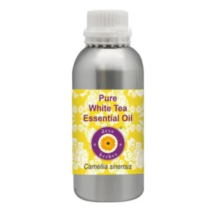 This high-quality amber glass bottle contains Deve Herbes pure white tea essential oil, steam distilled from Camellia sinensis, offering therapeutic-grade benefits for skin and aromatherapy.