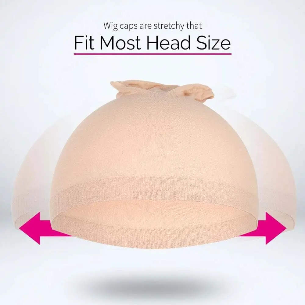 This image shows a 4-pack of nude stocking wig caps, designed for securing hair under wigs and matching all skin tones with their transparent nylon material and comfortable elastic band.