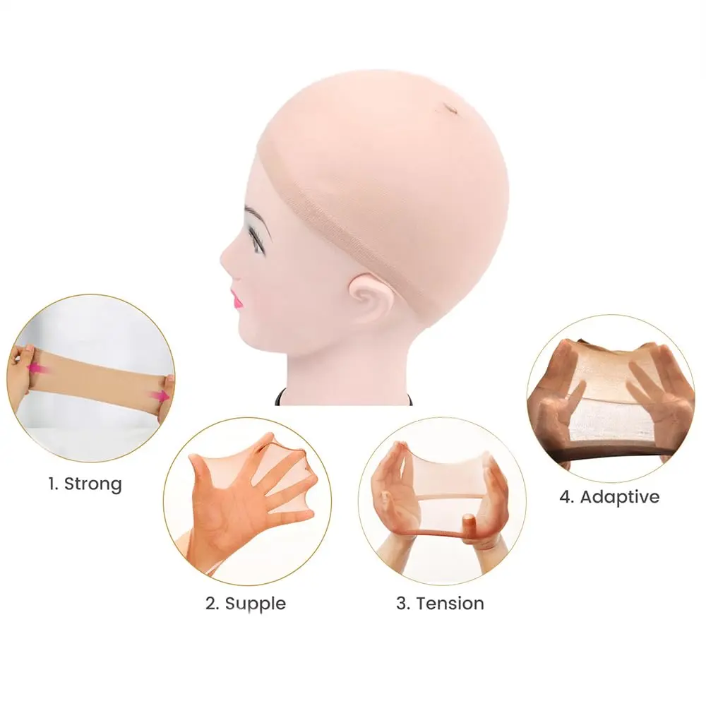 This image shows a 4-pack of nude stocking wig caps, designed for securing hair under wigs and matching all skin tones with their transparent nylon material and comfortable elastic band.