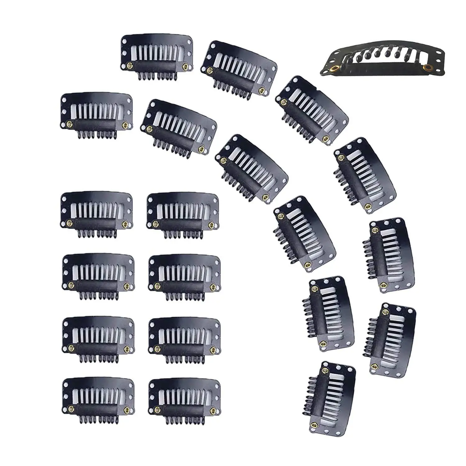 This image shows a set of 20 black metal wig clips with rubber silicone, each 3.2 x 1.6 cm and featuring 9 teeth for secure attachment of wigs, hair extensions, and hairpieces.