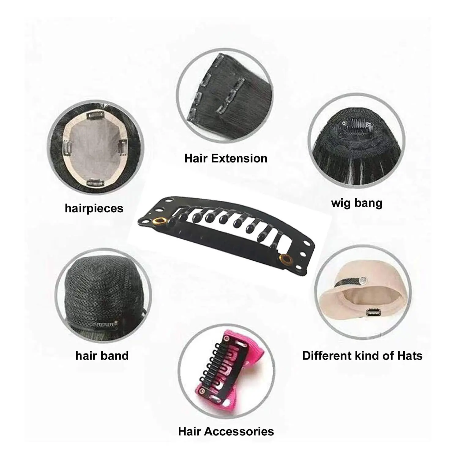 This image shows a set of 20 black metal wig clips with rubber silicone, each 3.2 x 1.6 cm and featuring 9 teeth for secure attachment of wigs, hair extensions, and hairpieces.