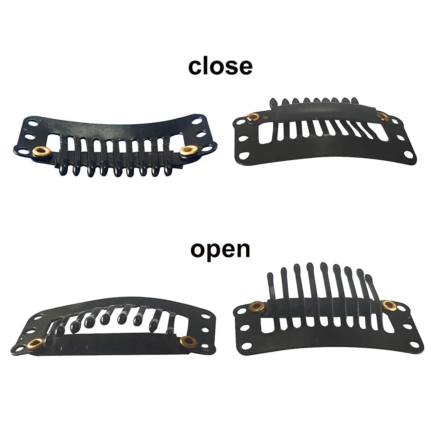 This image shows a set of 20 black metal wig clips with rubber silicone, each 3.2 x 1.6 cm and featuring 9 teeth for secure attachment of wigs, hair extensions, and hairpieces.