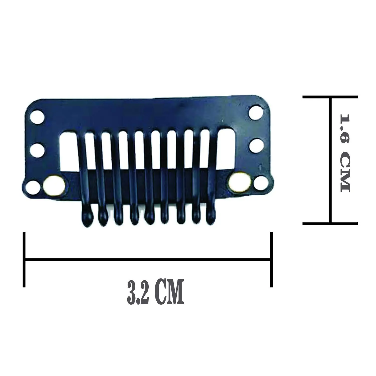 This image shows a set of 20 black metal wig clips with rubber silicone, each 3.2 x 1.6 cm and featuring 9 teeth for secure attachment of wigs, hair extensions, and hairpieces.